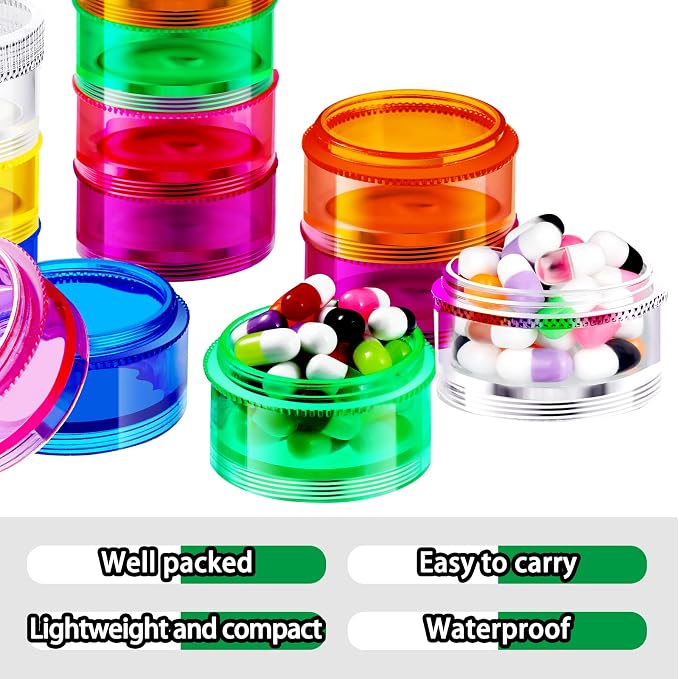 Sieral 8 Pieces 7 Days Stackable Pill Organizers 7 Compartments Round Pill Boxes Tower Weekly Vitamin Individual Storage Containers Travel Cases with Lids for Medications, Vitamins and Supplements