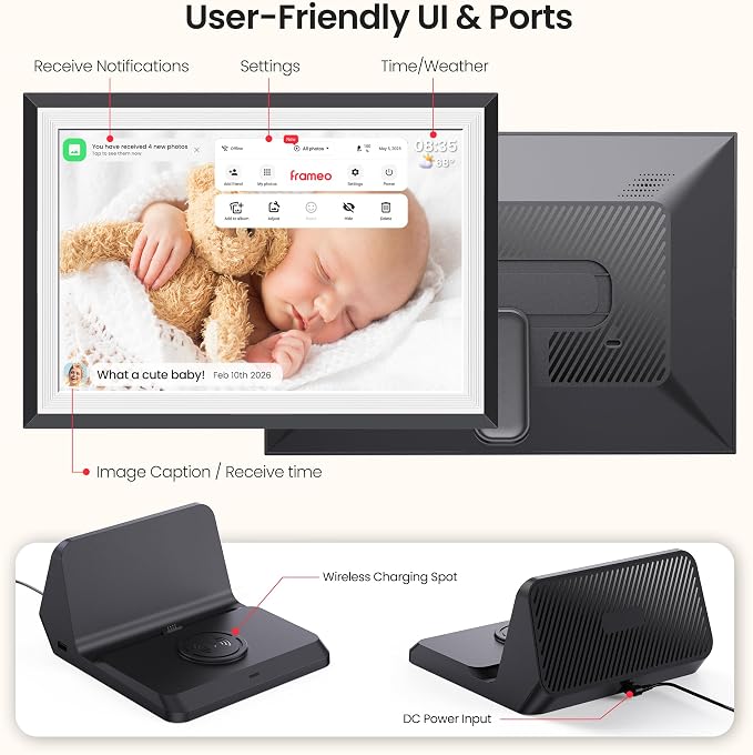 BIGASUO Digital Picture Frame Frameo 10.1", WiFi Photos & Videos Sharing, 3000mAh Battery & Wireless Charging, 1280x800 IPS Touch Screen, 32GB Storage, Support USB/SD Card