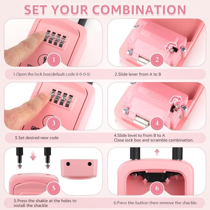 Iron Lock® Small Portable Key Lock Box with Code, U-Shackle (Small, Pink) | U-shackle opens fully out to loop over a handle, gate, latch or rail; rolling combination dials, no app, no battery