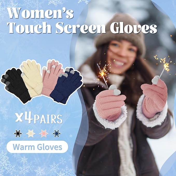 Omisy 4 Pairs Women Winter Gloves Touchscreen Cold Weather Mitten, Christmas Gifts for Adult Stockings Stuffers Mom Wife