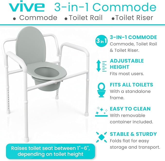 Vive Bedside Commode Toilet Chair (Folding) - 350 lb Capacity, Safety Rail, Shower Chair - 3 in 1 Heavy Duty Bariatric Bucket with Padded Arms, Tight Lid – Portable Seat for Home - Steel