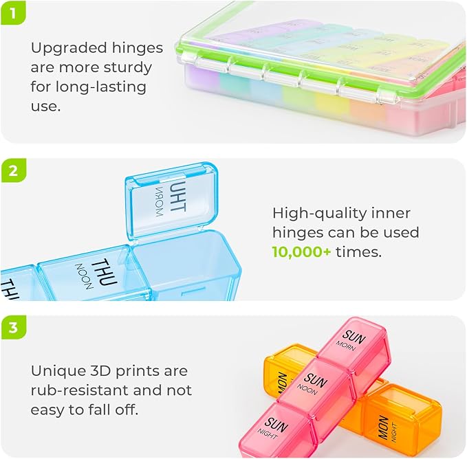 AUVON Weekly Pill Organizer 3 Times a Day with Moistureproof & Dual Protect | Large Pill Box 7 Day Easy to Use, Portable Pill Case for Travel, Pill Containers to Hold Vitamins, Medication, Fish Oils