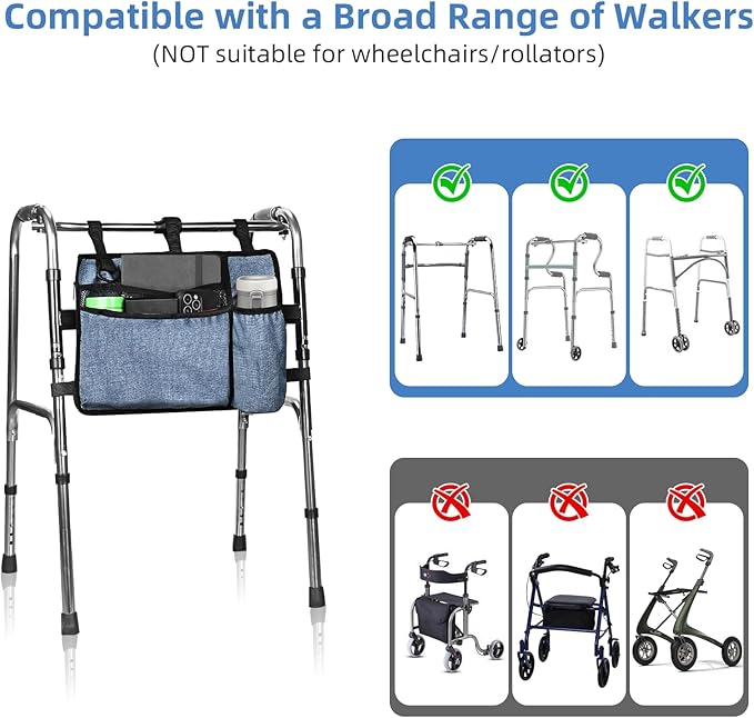 Dark Blue Walker Storage Bag with Cup Holder - Foldable Water Resistant Large Capacity Basket, Armrest Accessories for Folding Walkers Rollators Seniors Elderly Handicap