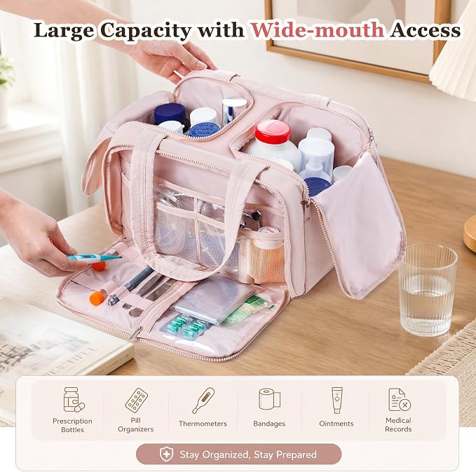 Travel Medicine Storage Bag with 2 Compartments, Wide-Mouth Medical Organizer, Puffy Lightweight First Aid Bag for Prescription Bottles, Pill Cases, Medical Supplies & Family Emergency Essentials