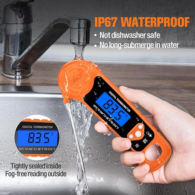 AMMZO Digital Meat Thermometer for Grilling, Candy Thermometer Instant Read Food Thermometer Waterproof with Backlight for Cooking, Deep Fry, BBQ, Grill, Smoker and Roast (Orange)