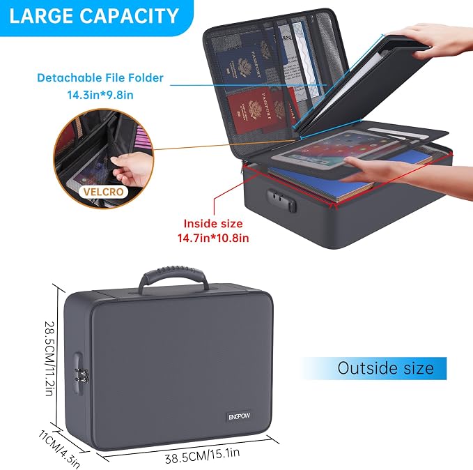 ENGPOW Fireproof Document Organizer Bag with Lock ＆ Accordion File Folder | 5200℉ Multi-Layer File Organizer Box with Lock ,Heat Insulated, Water Resistant, Safe Storage for Home Office Travel, Gray