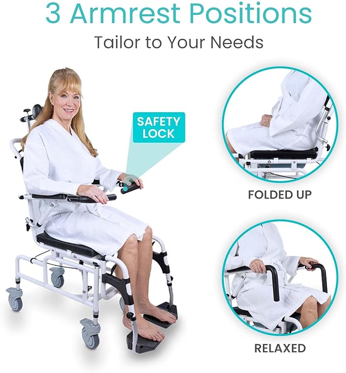 Vive Reclining Shower Chair with Wheels - Commode Wheelchair for Seniors, Disabled, Bariatric & Handicap - Padded Transfer Rolling Chairs with Arms - Portable & Waterproof - Extra Wide Seat