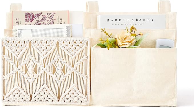Mkono Bedside Caddy, Macrame Bunk Bed Hanging Organizer, 7 Pockets Ivory | Dorm Room Essentials, Boho Storage Bag, Remote Books Magazines Phone Snacks Drinks Holder, Bedroom Nursery Loft Baby Bed Rail