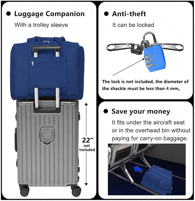 Foldable Travel Duffle Bag with Trolley Sleeve 40L Capacity, Lightweight Packable Travel Duffel Bags with the Keyhole Zipper, Weekender Overnight Nylon Carry on Bag for Men & Women, Blue