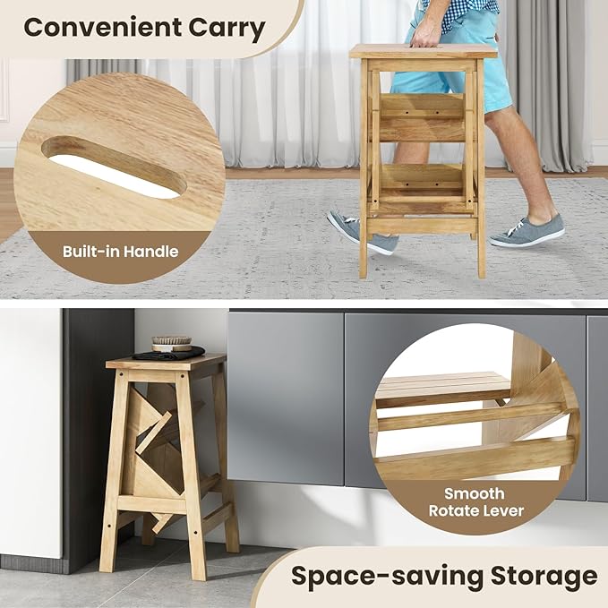 Costzon Folding 3 Step Stool, 3 in 1 Wooden Step Ladder with Handle, Non-Slip Pedal, Multifunctional Storage Shelf, Flower Rack for Kitchen, Library, Garage, Foldable Step Stool for Adults Kids