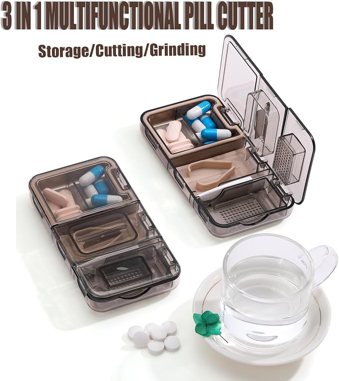 RICHCEE 3 in 1 Pill Cutter&Splitter with Cutter &Storage &Grind, Sharp Stainless Steel Blade for Cutting Pill/Vitamin/Tablet, Grinder with Cleaning Brush (Black)