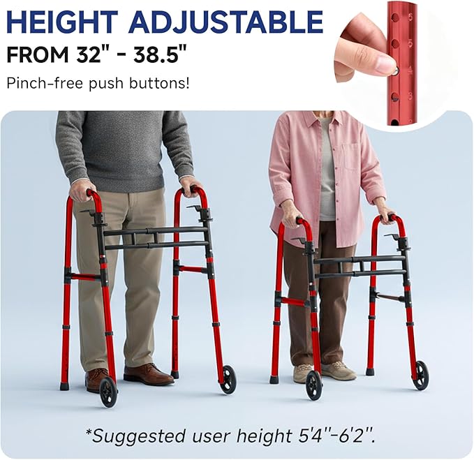 Walkers for Seniors Foldable, Aluminum Lightweight Walker with Wheels, Adjustable Height & Width Standard Walkers for Elderly & Disabled, 350 lbs Capacity, Red