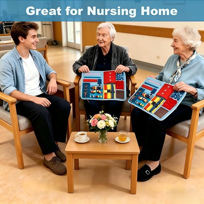 Fidget Blanket for Adults with Dementia Alzheimer's, 8-in-1 Sensory Motor Aids, Busy Blanket for Autism Anxiety, Calming Therapeutic Tool, Fine Motor Activity Mat, Washable Portable