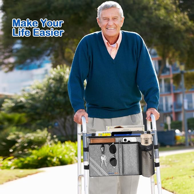 Walker Bag with Cup Holder, Foldable Walker Organizer, Large Capacity Storage with Reflective Strips, Water-Resistant Walker Pouch (Grey)