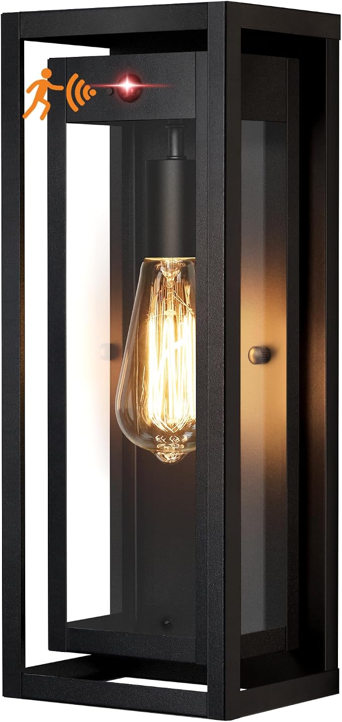 15" Motion Sensor Outdoor Wall Lights, Outdoor Sconces, 1 Pack | Dusk to Dawn, Large Size, Anti-Rust, Waterproof, Easy Installation, Black Modern Exterior Lighting Fixtures for House Porch