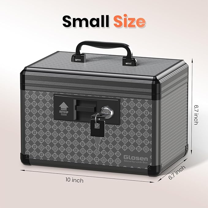Glosen Medicine Lock Box,Storage Lock Box Lockable Dorm Storage Trunk with Key Lock - Briefcase, 【Black-Small】 10 * 6.7 * 6.7inch, Lock Boxes for Personal Items