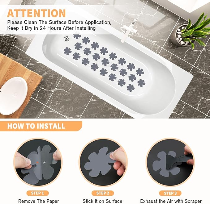 Non Slip Bathtub Stickers, 24 PCS Shower Stickers for Safety Bathroom Tubs, Bathtub Non Slip-Sticker and Adhesive Decals Scraper for Bath Tub, Shower Floor, Stairs, Ladders(Flower Shape, Grey)