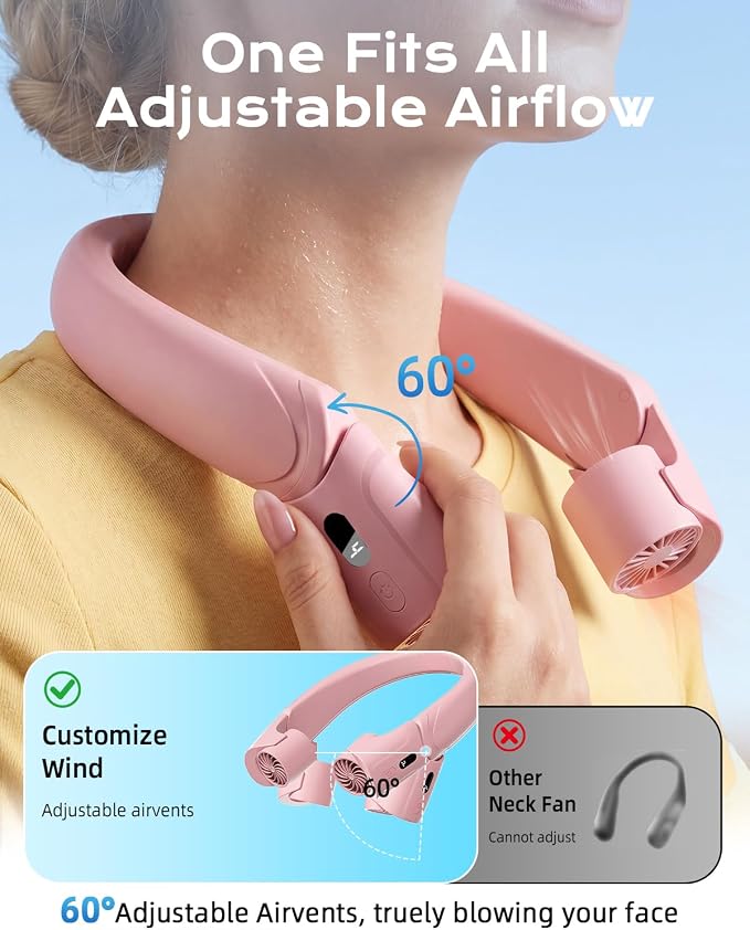 ChillGo 5th Gen Neck Fan with Adjustable Airvents, Dual Motors Personal Fan | 8000mAh Neck Fans That Blow Cold Air,Quick Charging,4 Speeds, Cooling Fan, Neck Cooling Fan for Travel, Gift for Women, Pink