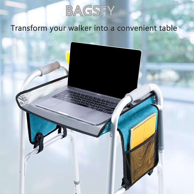 BAGSFY Walker Tray with Cup Holder & Side Pocket – Hard Top Walker Table for Seniors – Folding Walker Accessory for Meals, Reading, Drinks – Non-Slip Surface, Tool-Free Install, Universal Fit