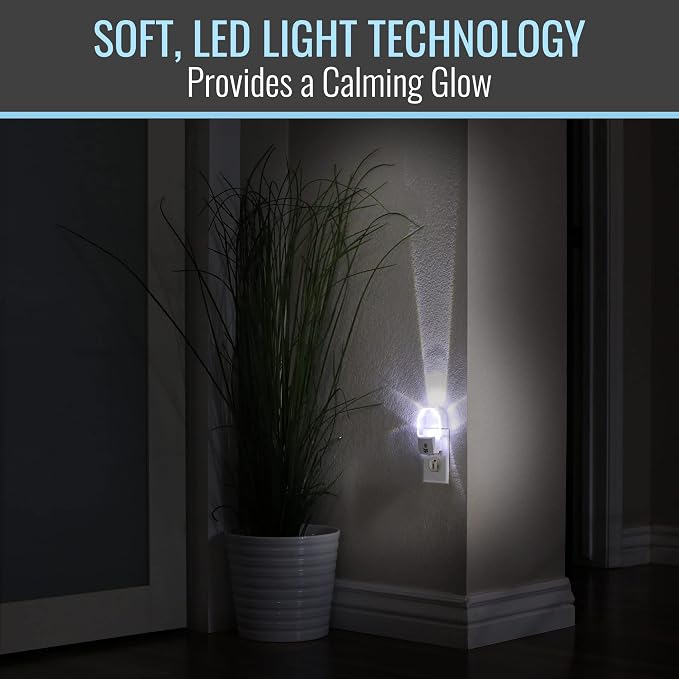 HealthSmart LED Compact Nightlight, Pack of 2, Warm Soft Light Technology, Automatic On/Off Sensor, Slim & Sleek Modern Design, White