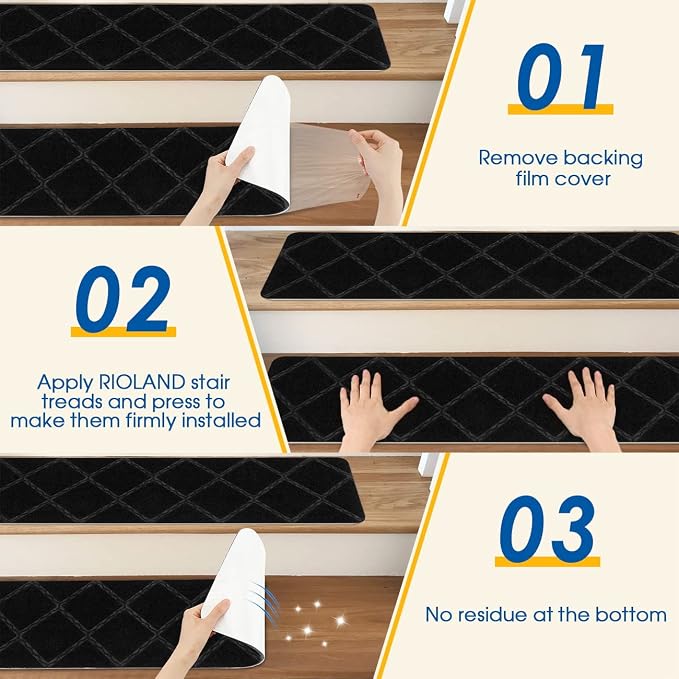 RIOLAND Stair Treads Carpet Non-Slip Indoor 15 PCS Wood Stair Treads Rugs Anti Moving Modern Stair Runners Safety for Kids Dogs, 8" X 30", Diamond Black