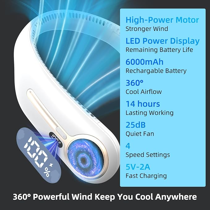 Portable Neck Fan, Personal Wearable Bladeless Fan, 6000mAh USB Rechargeable, 360° Airflow, LED Display, 4-Speeds, Hands Free Fan for Outdoor Indoor, Birthday Gifts for Men Women Dad Mom (White)