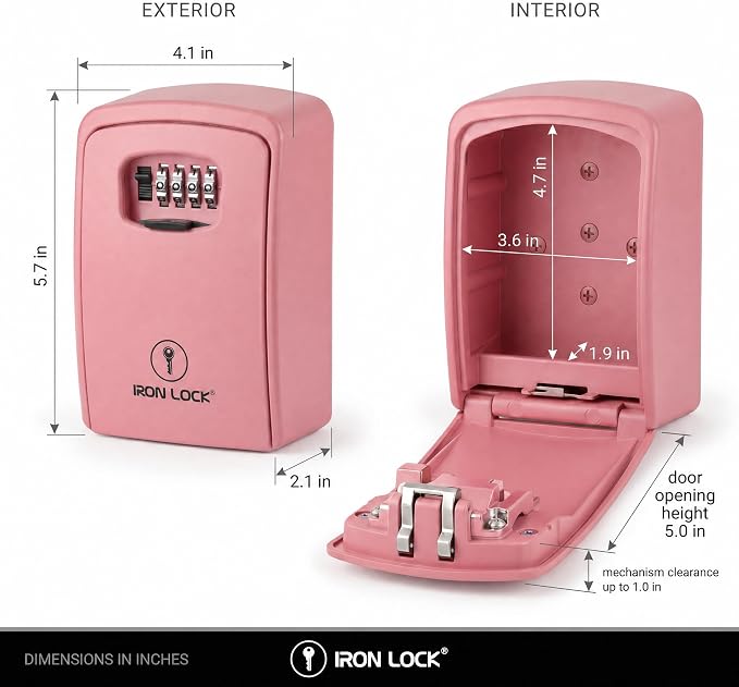 Iron Lock® XXL Wall Mount Key Lock Box, Outdoor Combination Code (Pink) | Fits 20-30 spares plus fobs & cards; unique built-in tray so keys don't fall out; dial cover; screws & anchors included