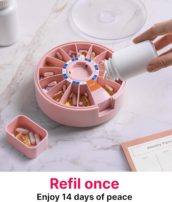 Pill Dispenser 14 Day – Rotating Medicine Organizer Wheel with Push Button, Wall Mounted or Desktop Manual Pill Dispenser for Elderly & Seniors, Large Capacity Vitamin & Medication Organizer