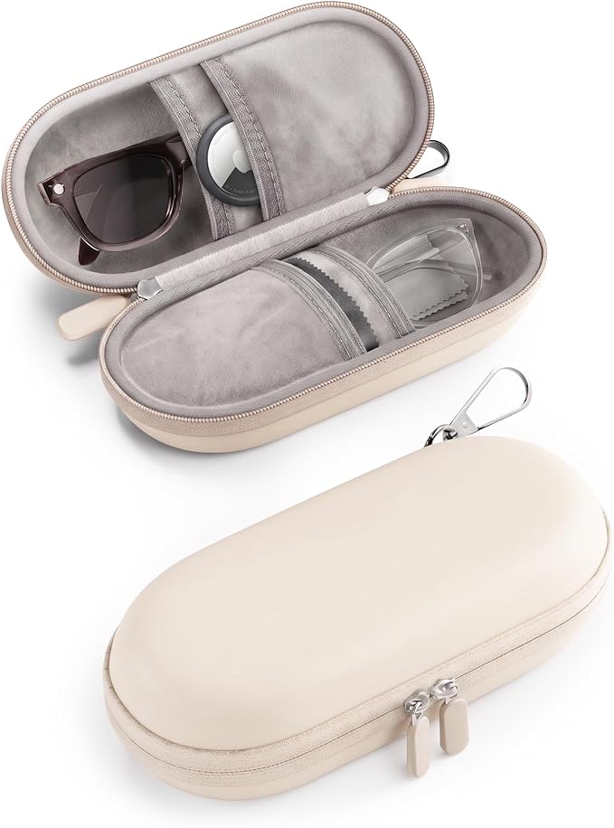 ProCase Hard Double Sunglasses Glasses Case for Men Women -Beige | Hard EVA Shell Shockproof Dual Eyeglass Case with Metal Hook Velvet Lining, Travel Zipper Organizer for Couple Gifts