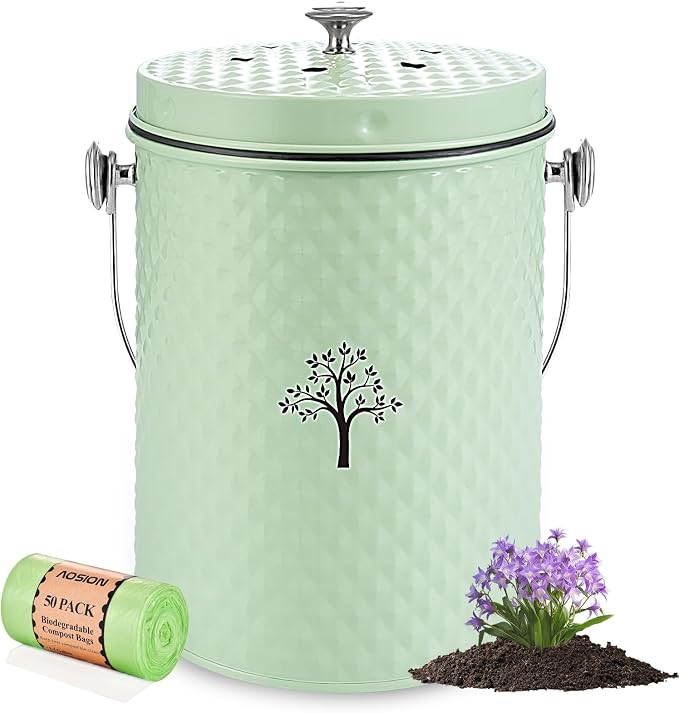 Countertop Compost Bin, Odor-Free Food Waste Container with 50 Bags | 1 Gallon Container,2 Carbon Filters,Compost Bucket, coffee grounds