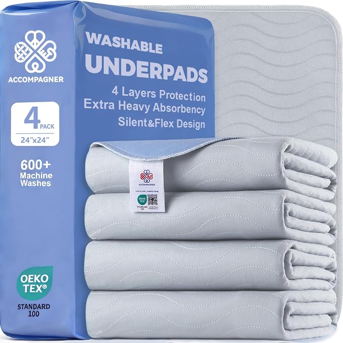 Accompagner Incontinence Bed Pads Washable Waterproof, Ultra-Absorbent Reusable Underpads for Diaper Changing, Nursing, Bedridden, Adults, Seniors, Kids and Dogs (Pearl Gray, 24"x24"(Pack of 4))