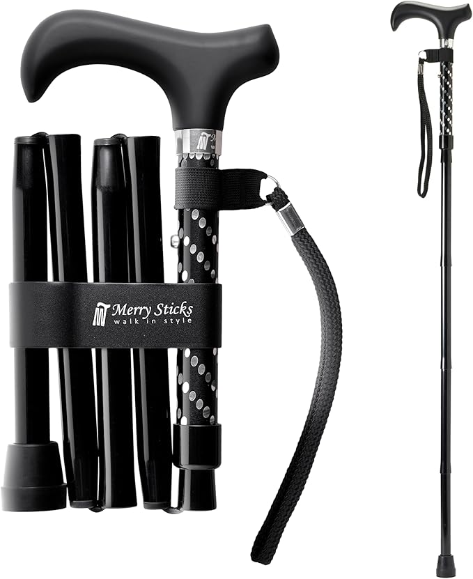 Merry Sticks Lightweight Foldable Walking Canes for Women and Men, Adjustable & Collapsible Walking Stick for Seniors, Balancing Mobility Aids, Ergonomic Handle & Wrist Strap - Dazzling Black