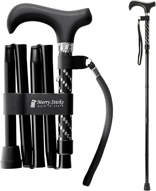 Merry Sticks Lightweight Foldable Walking Canes for Women and Men, Adjustable & Collapsible Walking Stick for Seniors, Balancing Mobility Aids, Ergonomic Handle & Wrist Strap - Dazzling Black