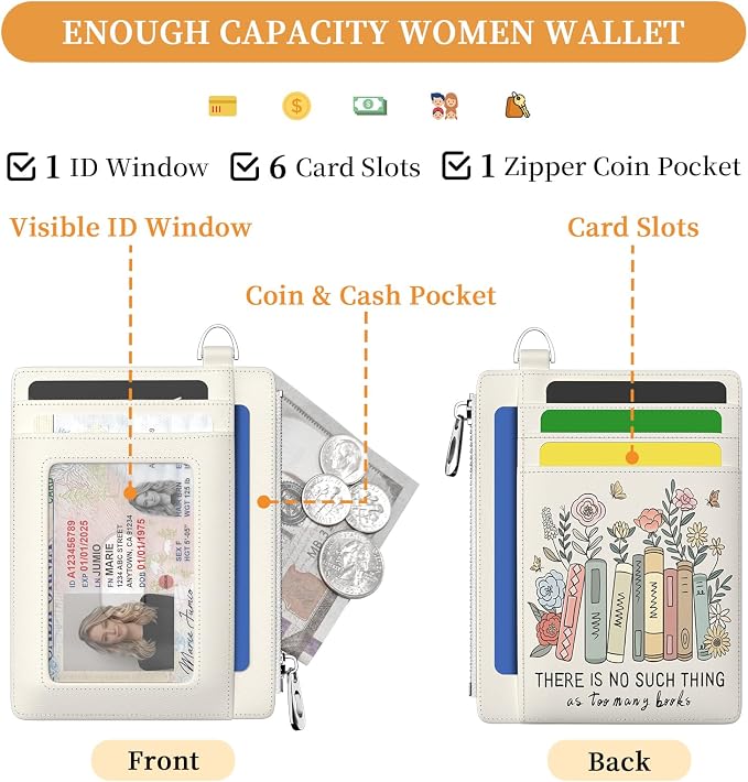 Hancynir Book Bookish Slim Wallet Women Credit Card Holder, Wristlet RFID | Cute Keychain Lanyard Wallet, Travel Zipper Coin Pocket, Ladies Gifts Women, Minimalist Card Case, 6 Card Slot, PU Leather