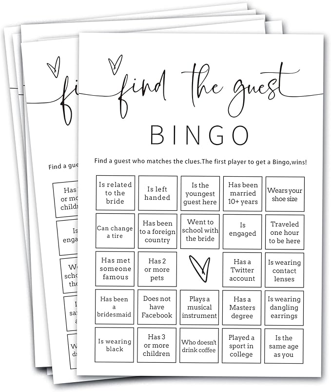 Bridal Shower Bingo, 25Pcs Prefilled Find the Guest Bingo Game Cards, Engagement Party Games for Guests, Minimalist White Wedding Party Supplies - A19