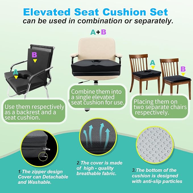 Gel Wheelchair Seat Cushion,Bed Sore Cushions for Butt,Sciatica,Coccyx,Pressure Sore & Ulcer Pain Relief Butt Pillow for Office Chair,Removable&Washable(Thickened&Support-Enhanced Set Black)