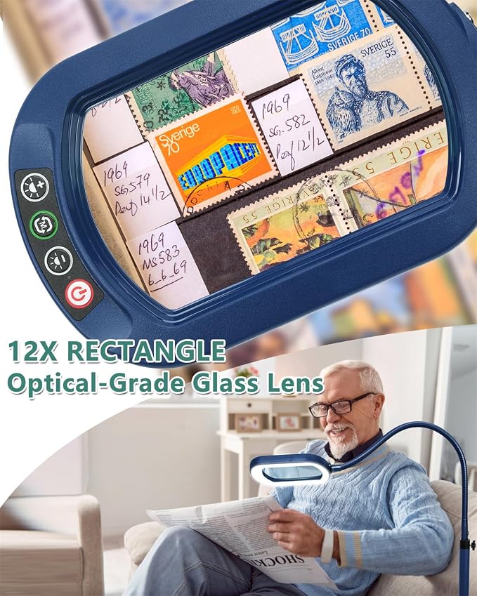 12X Rectangle Magnifying Glass with Light and Stand, 24" Flexible Gooseneck 3-in-1 Floor Lamp, 5 Color Modes Stepless Dimmable, LED Lighted Hands Free Magnifier for Reading Painting Close Work - Blue