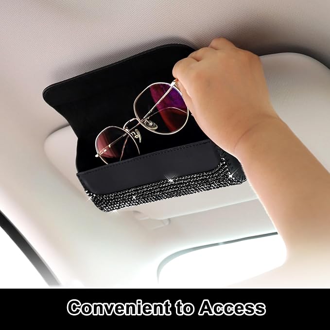 Accmor Bling Sunglasses Holder for Car Sun Visor 2 Pack, PU Leather Auto Glasses Storage Case Eyeglasses Organizer Protective Box Sparkling Crystal Car Accessories for Truck, SUV, RV (Black)