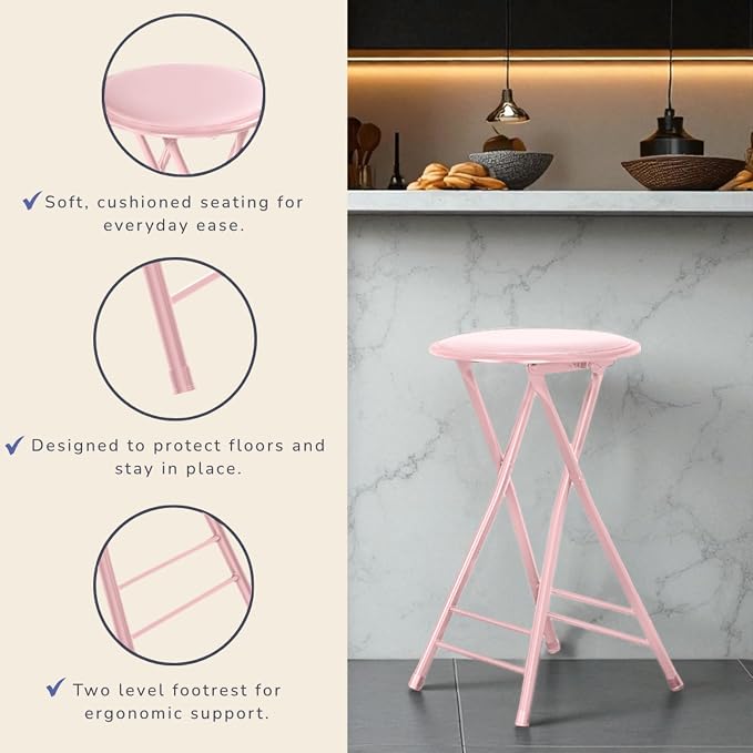 Lavish Home Folding Stool with Padded Backless Seat Set of 2, Pink, 24” | Counter Height Bar Stools with 225lb Capacity, Portable Indoor & Outdoor, Extra Seat for Kitchen, Rec Room or Camping