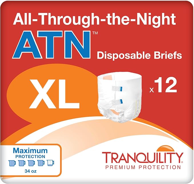 Tranquility Premium ATN Disposable Briefs with Tabs, Overnight Protection Superabsorbent Core for Leak-Free and Full-Fit Comfort, X-Large 12ct Bag.
