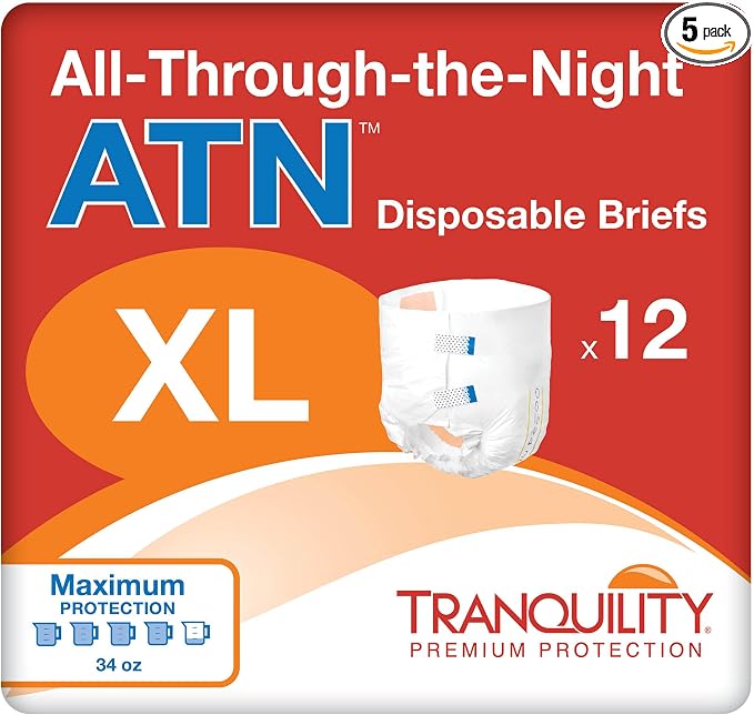 Tranquility Premium ATN Disposable Briefs with Tabs, Overnight Protection Superabsorbent Core for Leak-Free and Full-Fit Comfort, X-Large 60ct Case