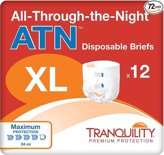 Tranquility Premium ATN Disposable Briefs with Tabs, Overnight Protection Superabsorbent Core for Leak-Free and Full-Fit Comfort, X-Large 72ct Case