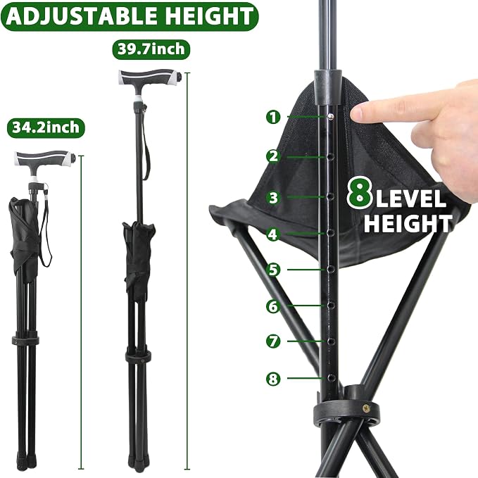 FATTCHIAR Cane with Seat, Adjustable Height 34.2"-39.7" Walking Stick with Seats, Cane Chair Capacity 220lbs, Folding Lightweight Portable Stool for Adults Seniors Camping Hiking