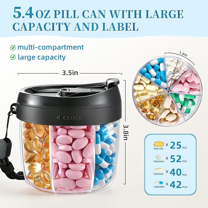 Pill Organizer,Travel Essentials Pill Container, Travel Pill Dispenser with Black Lid，Pill Case Having 7 Large Compartments,Vitamin Organizer for Home Organization,Travel Containers
