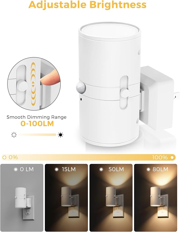 L LOHAS LED Motion Sensor Night Light, Motion Sensor Light Indoor, Dimmable | Nightlight Plug in, Motion Activated Night Light for Bathroom Hallway Bedroom Nursery Kids Elderly [3000K,White Shade,2 Pack]