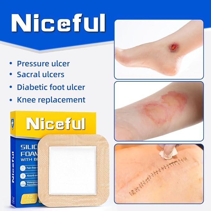 Niceful 10 Count Silicone Foam Dressing 6" x 6" - Large Bandages for Wounds, Wound Dressing Waterproof Silicone Bandages for Bedsores, Diabetic Foot Ulcers, I-II Degree Burns