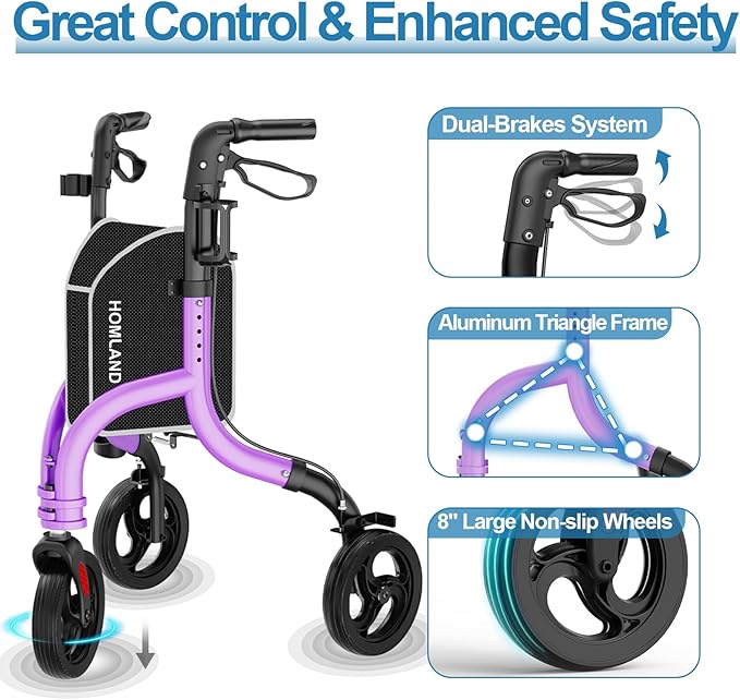HOMLAND 3 Wheel Walkers for Seniors, FSA/HSA Eligible Foldable Wheeled Rollator with Cane Hold and Cup Hold, Lightweight Three Wheel Rolling Walker Height Adjustable for Seniors