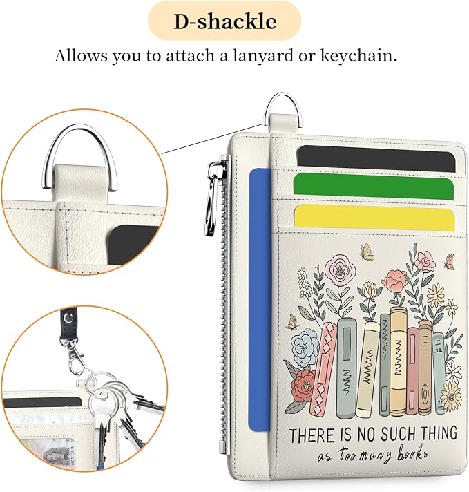 Hancynir Book Lover Floral Slim Wallet Women Credit Card Holder RFID Small | Zipper Pocket Wallet, Thin Travel Coin Purse, Ladies Women Gifts, Minimalist Card Case, 6 Card Slots, ID Window, PU Leather