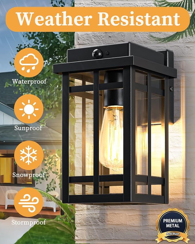 Motion Sensor Outdoor Wall Light Fixtures, 2 Packs, Black | 9.76", Waterproof, Dusk to Dawn, Anti-Rust