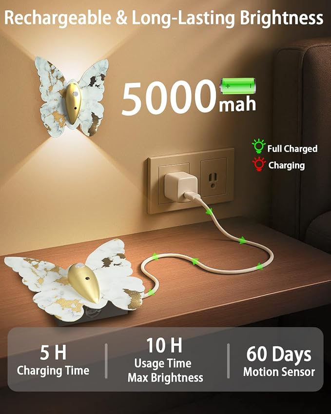 Eneru Motion Sensor Wall Sconce Set of 2, Rechargeable Wall Lights, Indoor | 5000mAh Battery Operated Wall Sconces, Magnetic Butterfly Motion Night Light for Hallway Stair Closet Pantry, White & Gold
